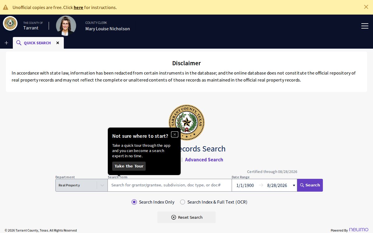 Colleyville residents directory Tarrant deed search fields