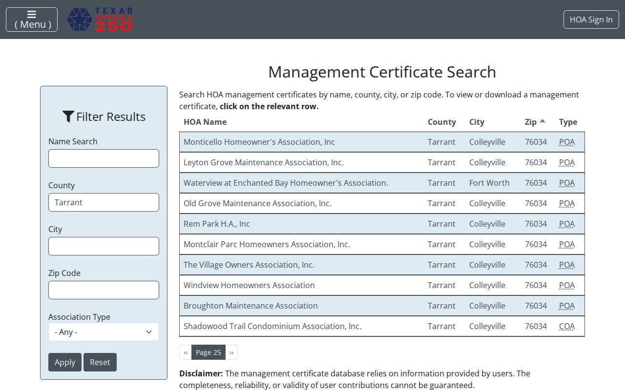 Colleyville neighbors Texas HOA management-certificate search results