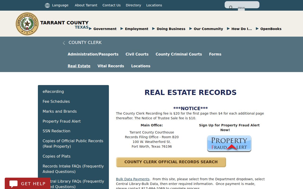 Colleyville street directory Tarrant County recording fee and records intake information